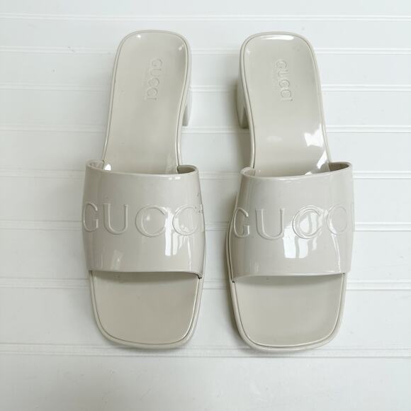 Gucci Rubber Logo Sandals Plastique White PVC Glossy Mule Platform Slide 41 - Picture 1 of 13